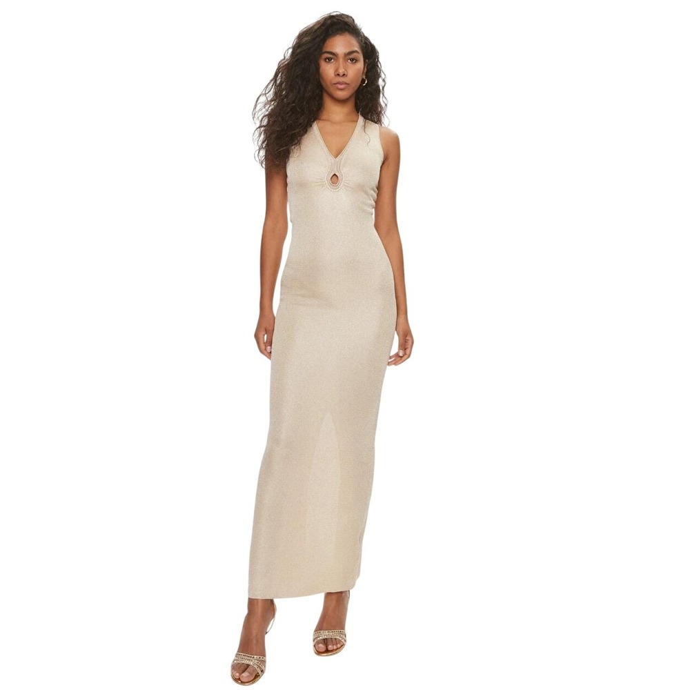Guess Marciano Knitted Bodycon Beige Maxi Dress Size 0 Metallic Keyhole Slit